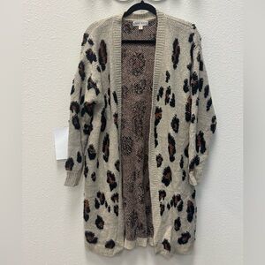 Knox Rose Womens Cream Brown Knit Ribbed Trim Long Line Cardigan Sweater